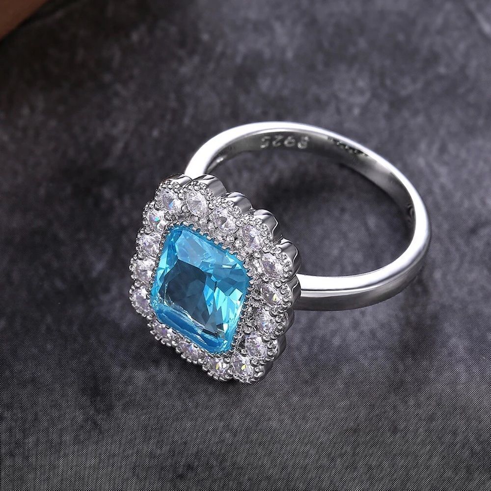 💎A092💎 GORGEOUS STERLING SILVER VINTAGE CZ AQUA BLUE DIAMOND RING - Picture 6 of 9
